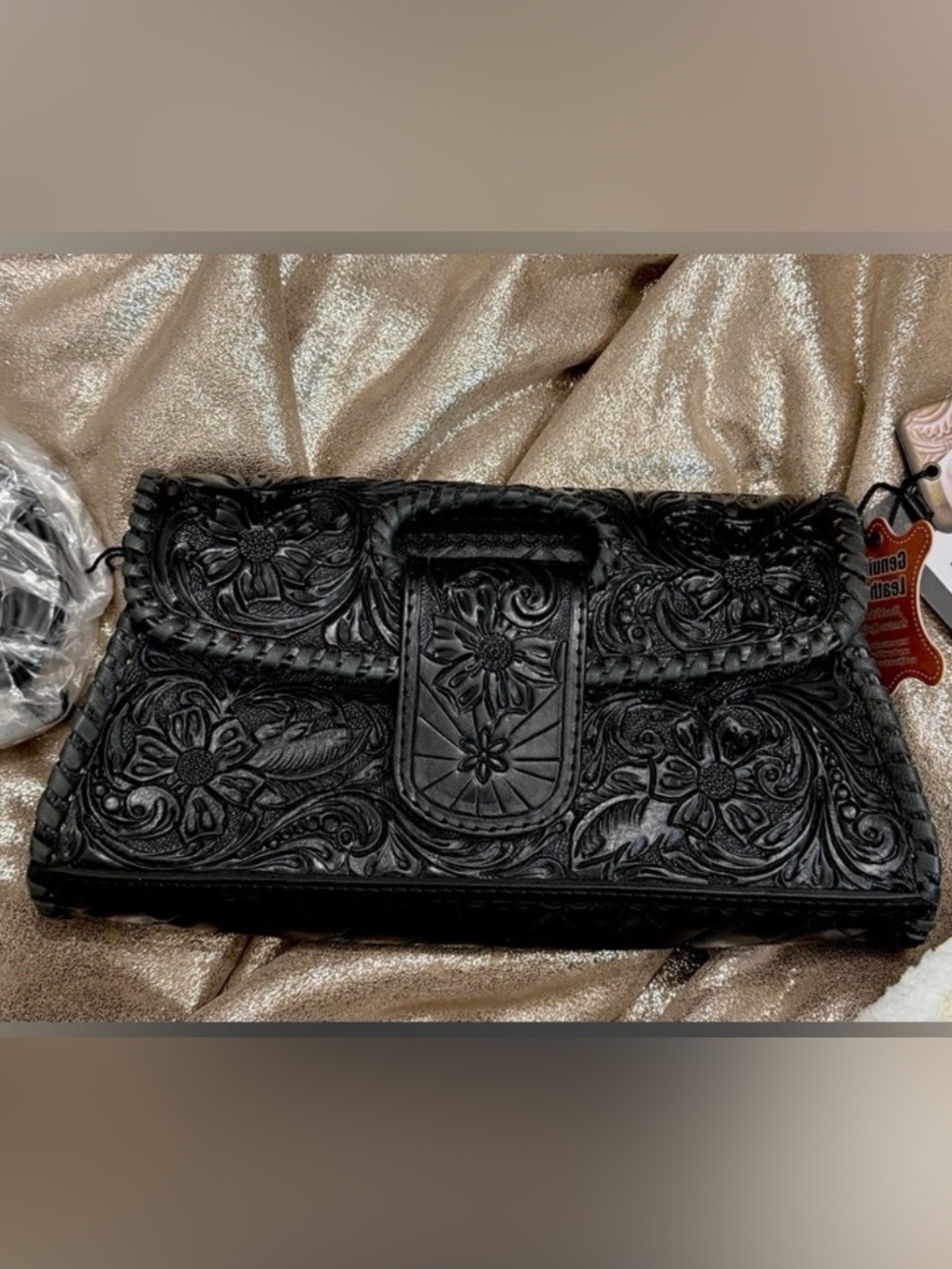 Black Tooled Leather Clutch Bag - Women NWT